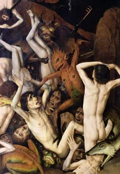 地獄、悪魔が罪人を打つ場面の細部、1450年頃