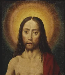 Tete du Christ - キリストの頭」、Bouts, Dirk（1410/20-1475）作。木に油彩。寸法：22,5x19 cm。ストックホルム国立博物館