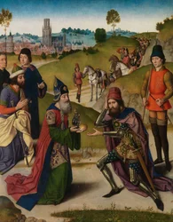 アブラハムとメルキゼデクの会合、聖秘跡の祭壇画の詳細、1464〜68年頃（パネルに油彩）