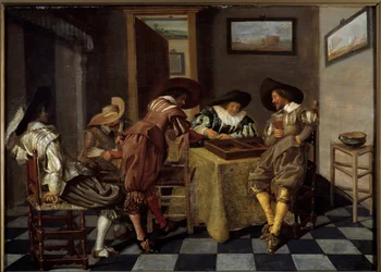 tric trac（トライ・トラック：バックギャモンの古いゲーム）の部分。ディルク・ハルス（1591-1656）の絵画、1615-1625年頃の作品。木に油彩。寸法：0.38×0.53m。リール、ボザール美術館 - チック・トラック・プレイヤー（「チック・トラック：古代のバックギャモン・ゲーム」）。ディルク・ハルスの絵画（159