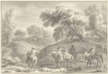 馬に乗ったハンターのいる丘陵の風景