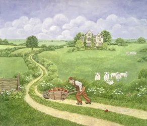 りんごの手押し車：ジョセフPoorgrassは、Maddingの群衆から遠く離れた、Bathshebasの住居にりんごの手押し車を運んでいます、Thomas Hardy作