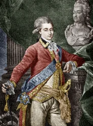 アレクサンドル・ドミトリエヴィチ・ランスコイ（1758-1784）ロシア軍人、ロシア皇帝エカテリーナ2世の愛人、エングレーヴィング、カラー化された文書