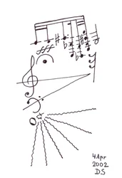 スリリング・ヒゲ」-楽譜を使って描かれたヒゲのある歌う顔