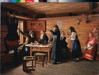 宗教論争 - Dmitri Yegorovich Zhukov (1841-1903) による絵画、キャンバスに油彩