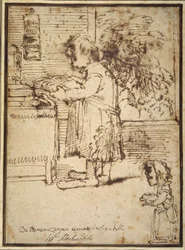 アルドブランディーニ神学者の風刺画、犬を抱いた女性の小人（紙にペン＆インク