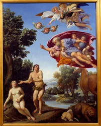 神はアダムとイヴを叱責する、ドメニコ・ザンピエーリ（ドメニキーノ）による絵画、1625年、0.95 x 0.75 m、グルノーブル、美術館