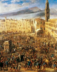 Piazza del Mercato Napolissa, yksityiskohta Masaniellon kapinasta, Domenico Gargiulon, joka tunnetaan nimellä Micco Spadaro (1609 tai 1610 - n. 1675), maalaus.