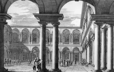 建築家フランチェスコ マリア リッチーニ (1584-1658) によって設計されたアカデミー オブ ファイン アーツ アンド アート ギャラリーを収容するミラノのブレラ宮殿の中庭、ドメニコ アスパリ (1745-1831) による彫刻、イタリア