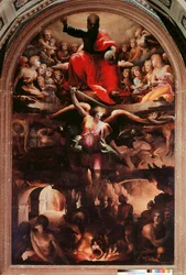 反抗的な天使を追う聖ミカエル ドメニコ・ベッカフミ（1486-1551）の絵画 1526-1530年頃 日。348x225cm。シエナ、サン・ニコロ・アル・カルミネ教会