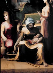 聖母の誕生です。メイドが新しいドを持っている様子を示す詳細。ドメニコ・ベッカフミ（1486-1551）による絵画、1540-1543年頃。寸法：233x145cm。イタリア、シエナ、国立ピナコテーク（Siena, Pinacoteca Nazionale)