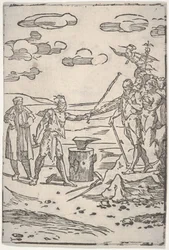シリーズ「The var ...」から、チェーンで男を引っ張るアンビルのそばに立っている偽造者、ca。 1540-1550。