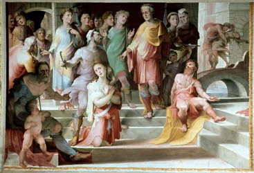 Seleucos de Locres (Seleucus de Locride)の生贄 Seleucosは息子が犯した強姦を罰するために、片目を死なせることを優先して、息子の目を失明させる。ドメニコ・ディ・ジャコモ・ディ・パーチェ・ディット・ベッカフミ（1486-1551）によるフレスコ画 1529-1535年 シエナ、パラ座