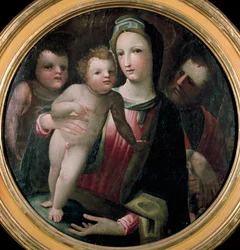 聖家族と洗礼者ヨハネの子供のトンド。ドメニコ・ベッカフミ（1486-1551）作とされる絵画。木製。直径：60cmシエナ、コレツィオーネ・チギ・サラシーニ