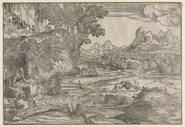 聖ジェロームと2頭のライオンのいる風景、c。 1530-35。