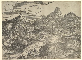 家族がフォアグラウンドで一緒に歩いている風景、左の2人の人物が...、ca。 1535-40。
