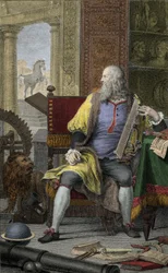画家、彫刻家のレオナルド・デ・ヴィンチ (レオナルド・ダ・ヴィンチ) (1452-1519) のワークショップでの表現 ドメニコ・クネゴ (1726-1803) によるエッチング