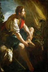 バロック。燃えるブッシュの前のモーゼ par Fetti, Domenico (1588/90-1623), c. 1616-1617.油彩・キャンバス