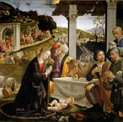 羊飼いたちの礼拝 ドメニコ・ギルランダイオ（1449-1494）の絵画 1483-1485日。167x167 cm フィレンツェ、サンタ・トリニータ、カペラ・サセッティ