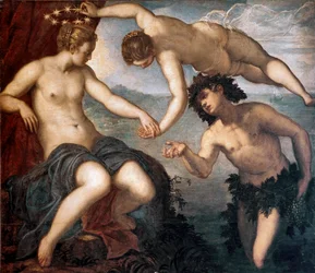 バッカス、ヴィーナス、アリアーヌ ティントレットまたはティントレット（ヤコポ・ロブスティ）の絵画（1518-1594） 1577-1580年 日。146x167 cm ヴェネツィア、ドージェの宮殿のアンコルジュのタイル