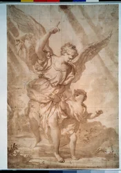 ""The Guardian Angel"" (守護天使) Domenico Piola (1627-1703) によるペン画 プーシキン美術館、モスクワ