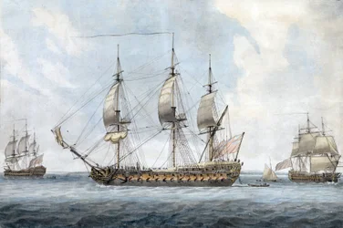 ソレント（イギリス）で、3つの異なる角度から見たイギリスの74門艦の肖像。ドミニク・セレス・ジ・エルダー（1719-1793）作、1788年頃の水彩画。