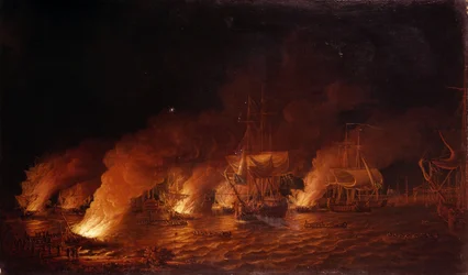 七年戦争（1756年～1763年）：1759年6月28日、夜、ケベック・シティ（カナダ）沖でイギリス艦隊を攻撃するフランス軍艦。油彩・キャンバス