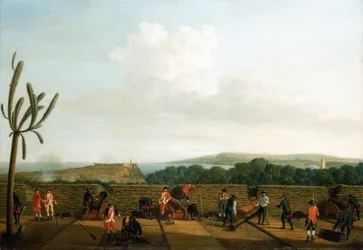 七年戦争（1756-1763）：1762年のハバナ（キューバ）攻略、モロ城前のイギリスの大砲台、木製の台（プラットフォーム）の上に設置され、防護欄干がある、砲手は青い服を着ている、地平線上にモロ城がある。
