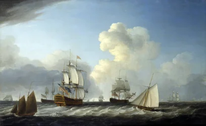 イギリス海軍の2等艦、98門の大砲を搭載した「セイント・ジョージ号」は、他の艦船を従えていた。