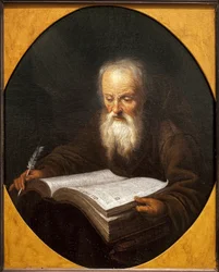 僧侶が手に羽を持って読書をしています。ドメニカス・ファン・トル（1635-1676）による絵画、油彩・キャンバス、ゲリット・ドウ（1613-1675）によるもの。フランドル美術