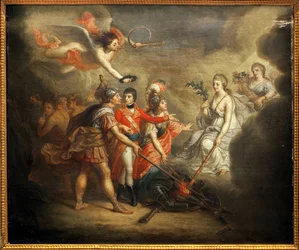アミアンの和平。1802年3月25日、イギリスとその同盟国であるオスマン帝国、フランス、スペイン、オランダとの間で締結された講和条約。ラッパを鳴らす天使に冠を与えられたナポレオン1世ボナパルトが描かれている