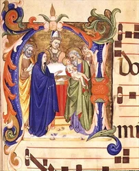 Ms 572 f.88r フィレンツェ、サンタ・マリア・デル・カルミネのアンティフォンから「神殿での贈呈」を描いた歴史的なイニシャル「N」（ベラム製）