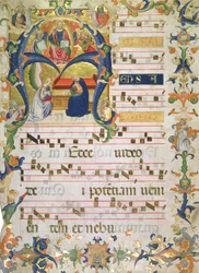 モントリヴェート修道院の聖歌隊の口絵、c.1390（羊皮紙にインクガッシュと金）