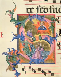 Ms 572 f.32v聖ステファンの石打ちを描いた歴史的イニシャル「S」