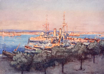 HMSクイーン、トラウラーとドリフターズ、ターラント、ゴードンS.マクスウェル作「海軍戦線」のイラスト、1920