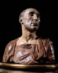 コンドッティエレ（指導者）ニッコロ・ダ・ウッツァーノ（1359-1431）の胸像」ドナト・デ・バルディ・ディ・ドナテッロ（1386-1466）によるテラコッタ彫刻
