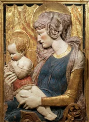 聖母子像 1440年頃 ドナテッロ（1386～1466年頃）作 塗装・金彩を施したテラコッタ製レリーフ