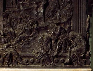 庭での礼拝、左説教壇からの詳細、ドナテッロ（1386-1466）作、聖ローレンス大聖堂、イタリア、フィレンツェ