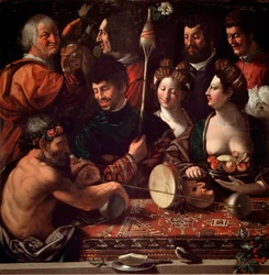 Bambocciata（バーレスク画）。ヘラクレスの魔術やアレゴリー。ジョヴァンニ・ルテリ・ディット・ドッソ・ドッシ（1479年頃～1542年）の絵画。16世紀の太陽。143x144cm イタリア・フィレンツェのウフィツィ美術館（Galleria degli Uffizi, Offices）。