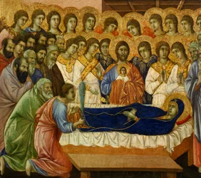 ドミティオ・ヴァージニス（聖母の永遠の眠り）」、シエナ大聖堂のメエスタ・オブ・ドゥッチオの祭壇画の細部