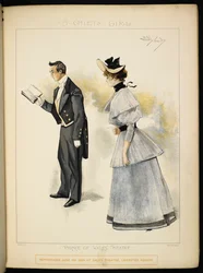 2 つの文字。 本を読む男性と女性。