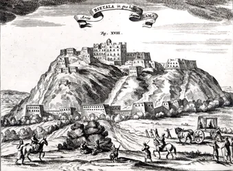 ビエタラ、ラッサ王国、ラマ大王の要塞、「ラシンillustree」からのイラストby Athanasius Kircher（1602-80）アムステルダム、1670年（彫刻）（bw写真）