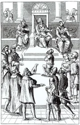 Joos de Damhouder（1507-81）によるPraxis Rerum Criminaliumの木版画の後の、法廷前の修正のための告白（1507-81）アントワープ、1556
