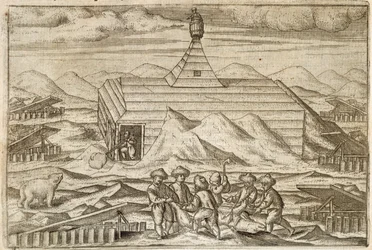 遠征隊が越冬したキャビンの外でクマを殺して皮を剥ぐ乗組員、Gerrit de Veer作「Diarium Nauticum, seu vera descriptio trium navigationum admirandarum...」のイラスト