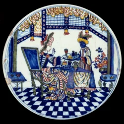 デルフト磁器の皿に描かれた、黒人の召使が給仕する食卓の女性の姿。1705年 セーブル、国立陶磁器博物館
