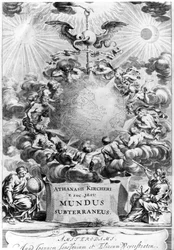 Mundus Subterraneusのフロンティピースby Athanasius Kircher（1602-80）1664、Amsterdam