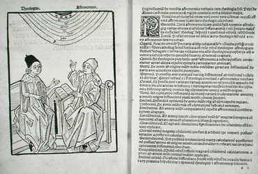 ハンタリアン Bx.3.41 f.1v-2r ピエール・ドアイリー作「天文学と神学の融合」1490年頃（ベラム製）