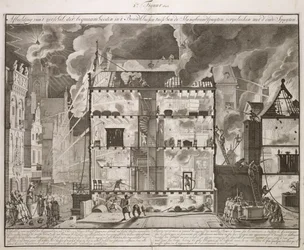 オランダの消防に関する本、1700年頃に出版された本から、新しい長い消防ホースが建物のすべての部分にどのように到達できるかを示す図