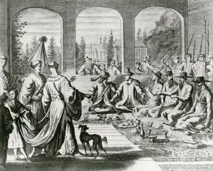 日本の宮廷でオランダとポルトガルの商人と一緒にいるイエズス会の人たち、1670年頃（エングレービング