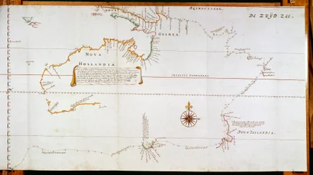 アベル・ヤンスゾーン・タスマン (1603-1659) とウィレム・ヤンスゾーン (1570-1630) が行った旅行中に収集された情報から作成された、現在のオーストラリアのニューホランドとニュージーランドの地図
